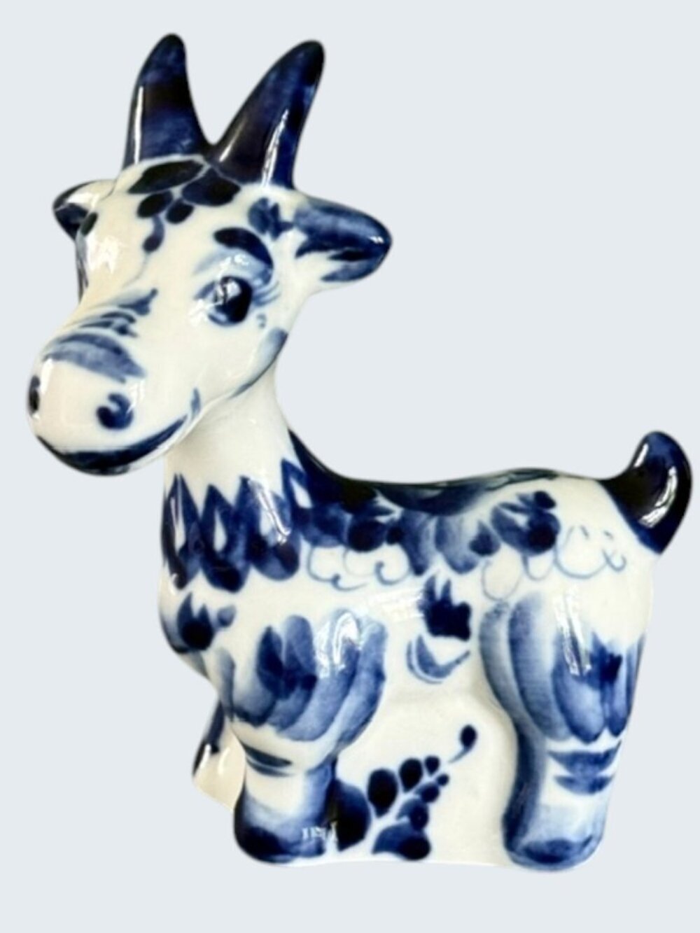 Gzhel Porcelain Goat Figurine Hand Painted Cobalt Blue White Made in Russia - Picture 2 of 6
